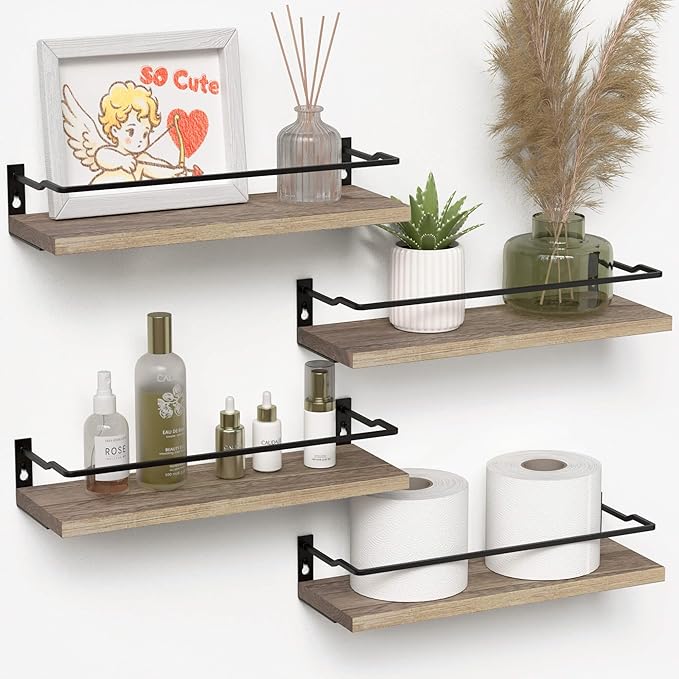 RICHER HOUSE 4-Piece Bathroom Paulownia Wood Shelves Set, Wall Mounted by RicherHouse