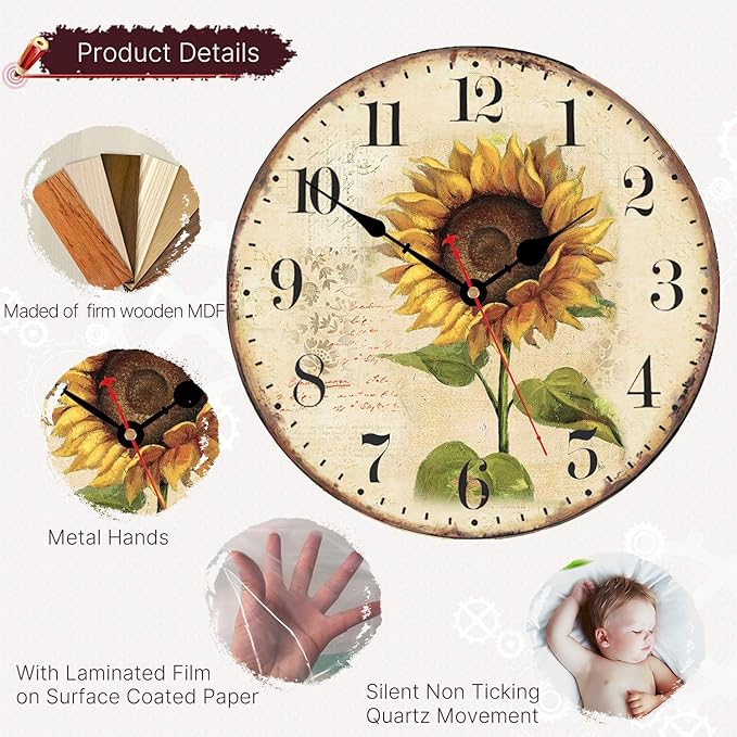 VIKMARI Sunflower Wall Clock Silent Non Ticking - Image 2