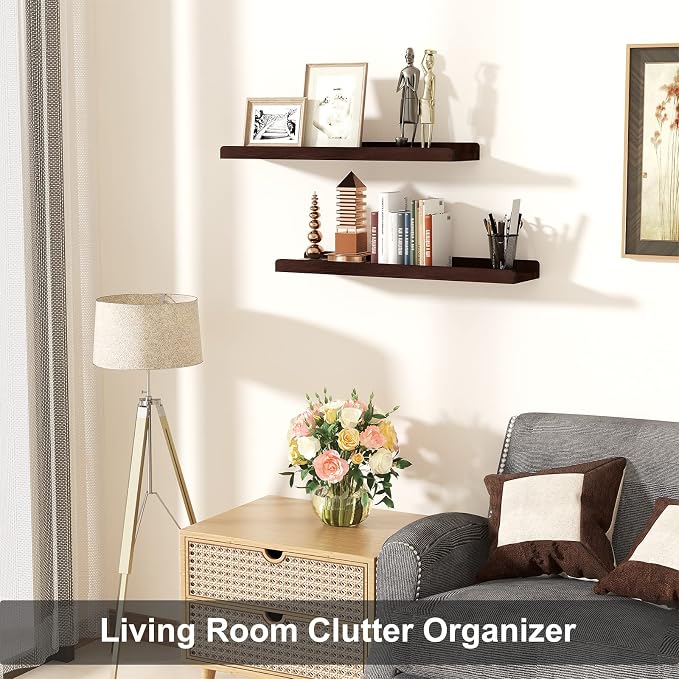 Love-KANKEI Floating Shelves Wall Mounted Set of 2, 24 Inch Wood Storage Wall - Image 2