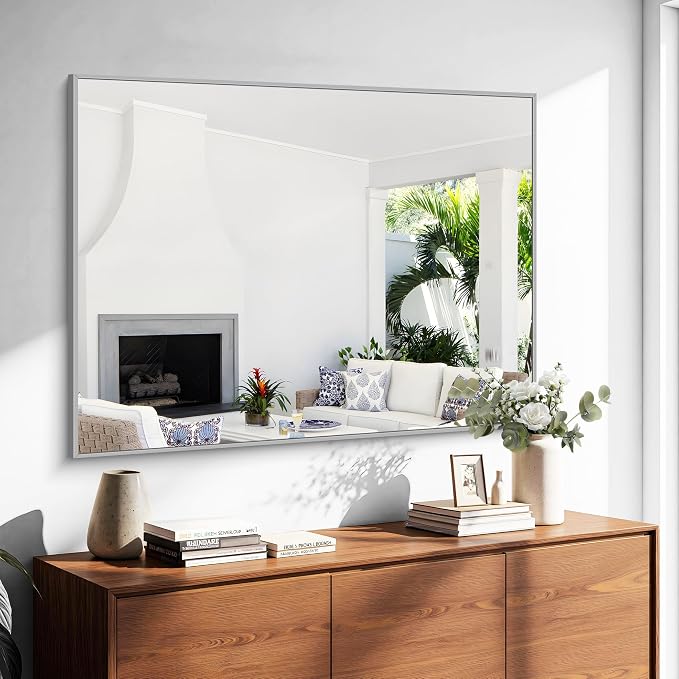 KOCUUY Silver Bathroom Mirror, HD Tempered Glass, Anti-Rust Brushed Silver Frame - Image 4