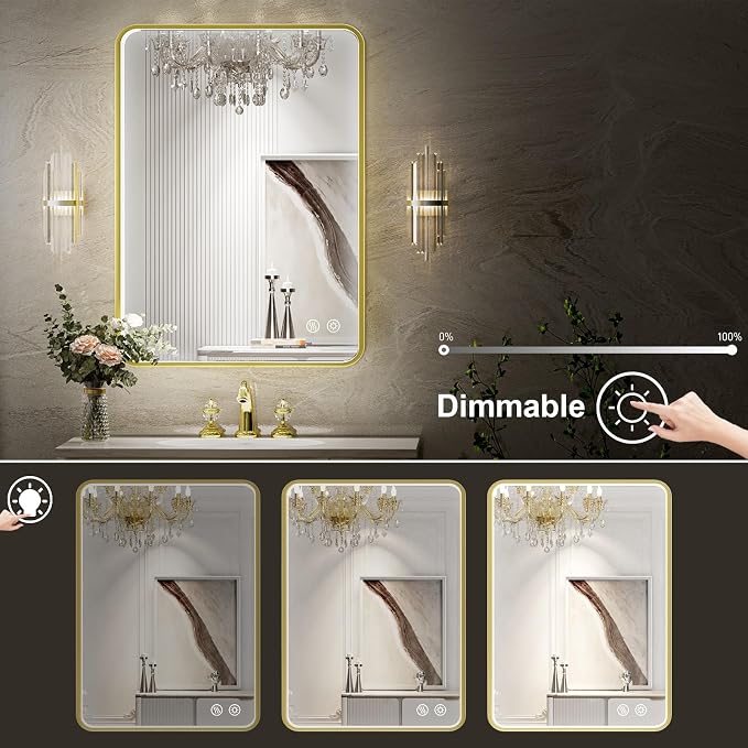20X28 Inch Framed LED Lighted Bathroom Mirror, Wall Mounted Gold Metal Vanity - Image 3