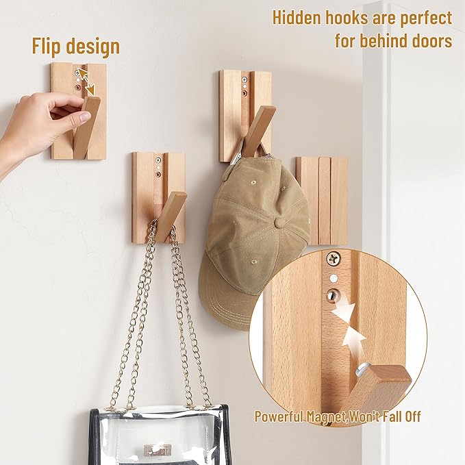 Wall Hooks for Small Space: Foldable Wooden Natural Coat Hooks 2Pack for - Image 3