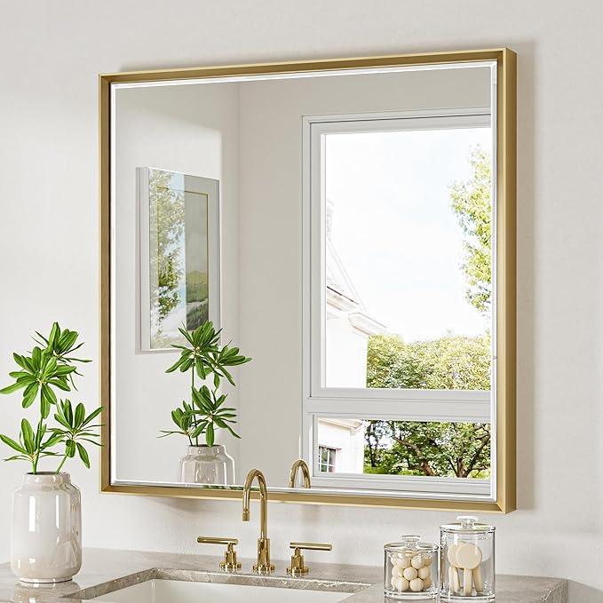 Gold Bathroom Mirror 36x36 Inch Square Beveled Bathroom Vanity Mirror Brushed by QUEENFUN