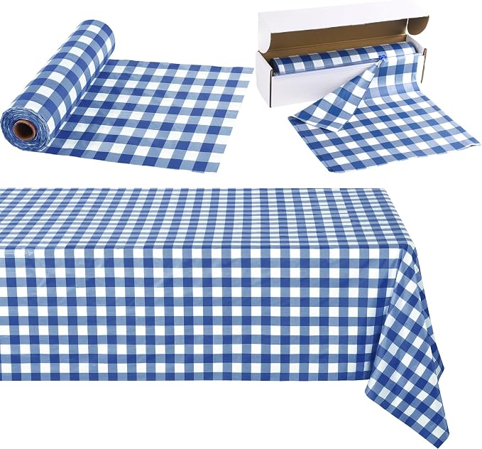 Kochorie 54 Inch x 100 Ft Blue Checkered Plastic Table Cloth Roll Disposable by Kochorie