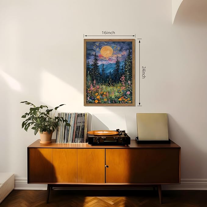 Framed Nature Forest Canvas Wall Art, Full Moon above Wildflowers and Woodland - Image 3