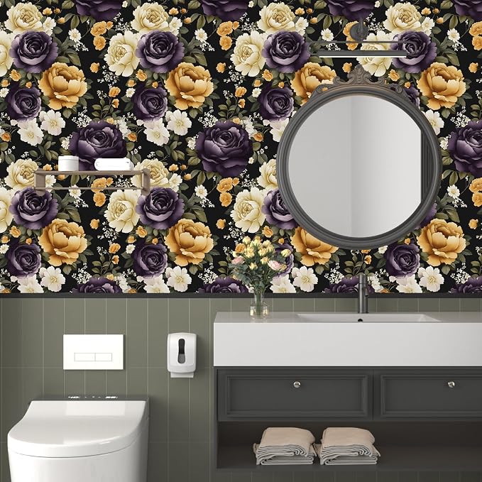Floral Black Vintage Wallpaper Peel and Stick Dark Purple Beige Peony Contact - Image 5
