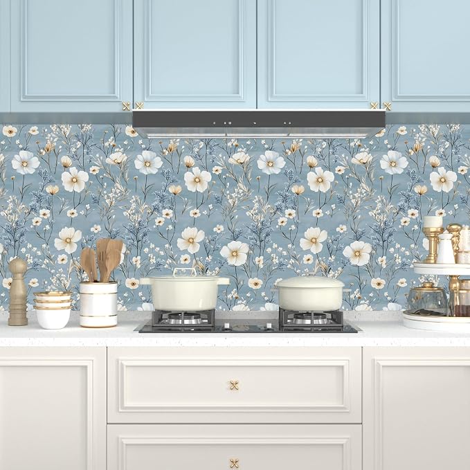 Laatse Blue Floral Peel and Stick Wallpaper White Botanical Contact Paper - Image 3