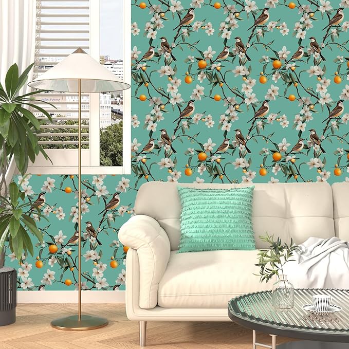 Teal White Bird Floral Wallpaper Peel and Stick, Fresh Orange Tree Contact Paper - Image 4
