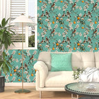 Teal White Bird Floral Wallpaper Peel and Stick, Fresh Orange Tree Contact Paper - Image 4