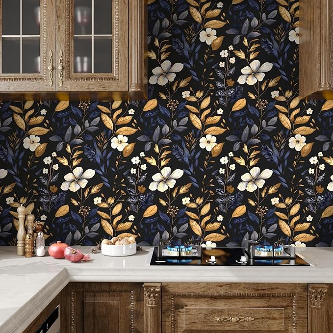 Laatse Blue/Gold Leaf Wallpaper Peel and Stick Vintage Dark Floral Wallpaper - Image 5