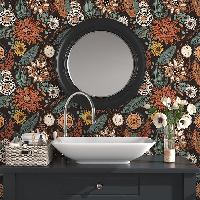 Laatse Rustic Boho Wallpaper Peel and Stick, Vintage Dark Brown Floral Contact - Image 2
