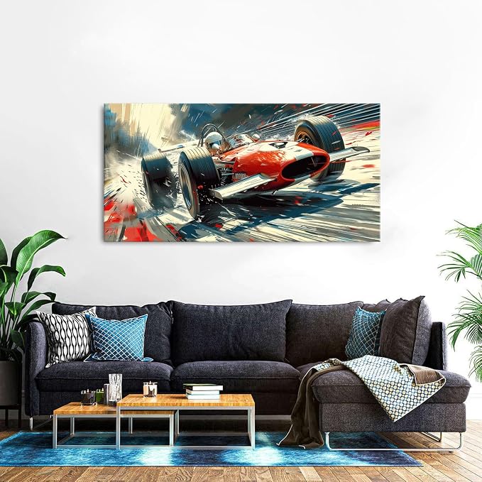 Vintage Formula Race Car Wall Art Abstract Racing Car Canvas Painting Retro - Image 3