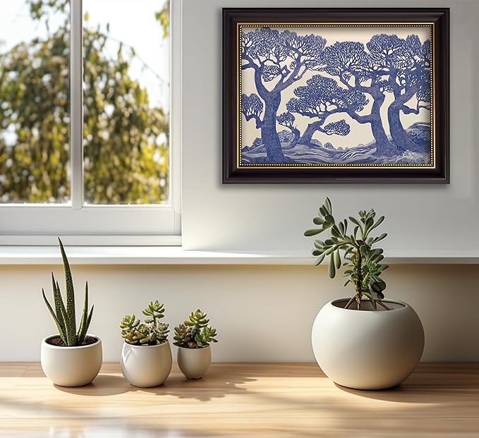 Vintage Gold Framed Wall Art Oak Tree Forest Painting Canvas Prints Blue - Image 2