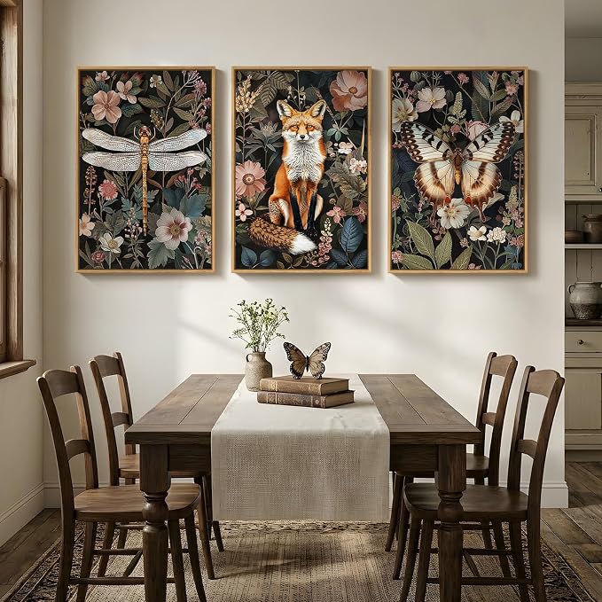 Framed Vintage Botanical Animal Wall Art Set of 3, Dark Floral Butterfly - Image 4