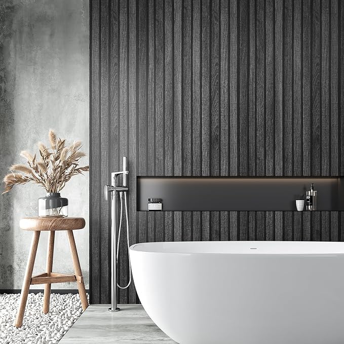 VEELIKE Charcoal Black Wood Slat Wallpaper Peel and Stick Modern Wood Panel - Image 5