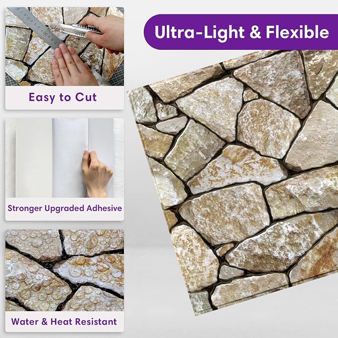 3D Peel and Stick Faux Stone Wall Panels 11.8" x 11.8" 10-Pack, Stone-Look Wall - Image 5