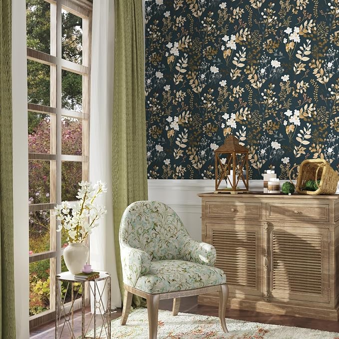 Laatse Navy Floral Wallpaper Peel and Stick Boho Wallpaper Vintage Blue/Gold - Image 2