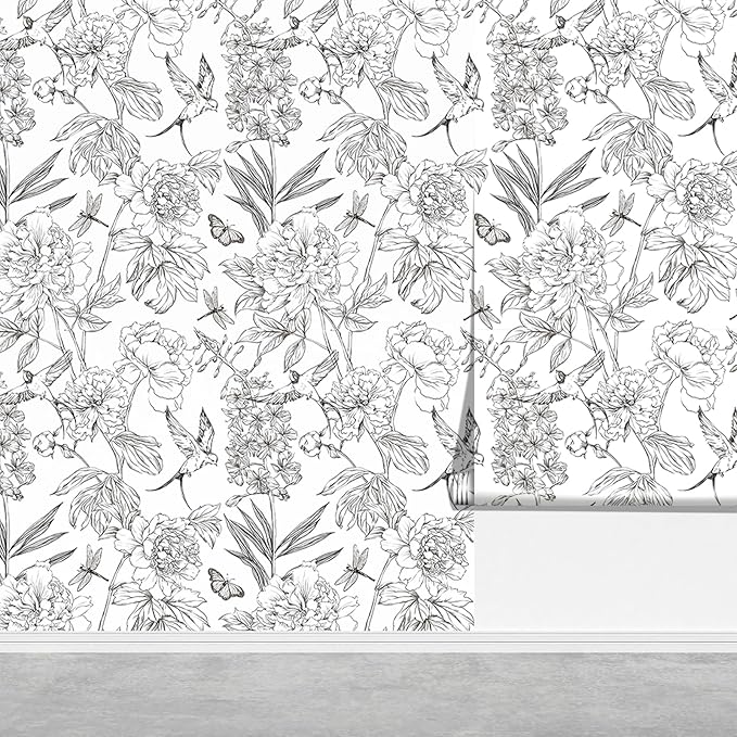 Jiffdiff White and Black Wallpaper Peel and Stick Sketched Peony Floral by wallpaper