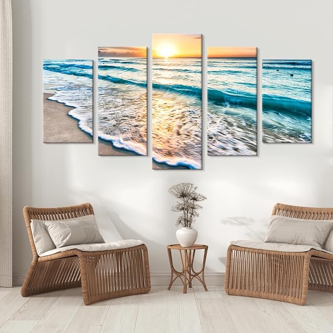 Goldfoilart 5 Pieces Beach Coastal Wall Art Sea Sunset Seascape Pictures Ocean - Image 9