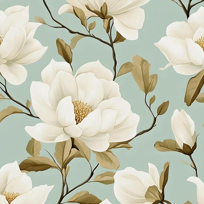 Modern Green White Flowers Wallpaper Blue Floral Peel and Stick Contact Paper by Laatse
