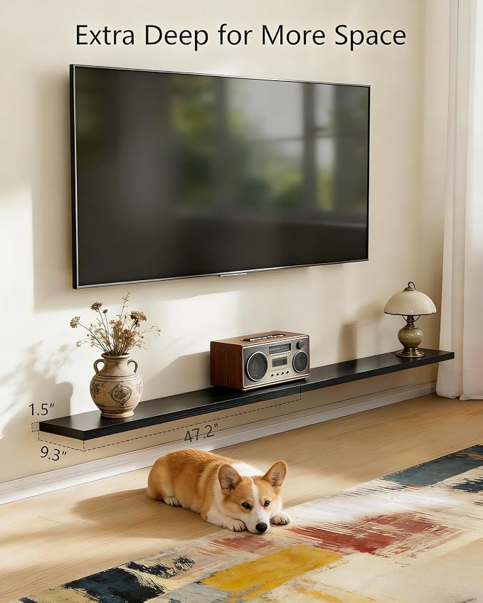 Vervida® Black Floating Shelves, 47.2 in W x 9.3 in D Wall Mounted Wood Shelves - Image 5