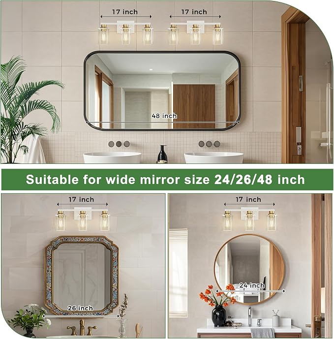 DORESshop 17 Inch Bathroom Light Fixtures, 3-Light White and Gold Bathroom - Image 2