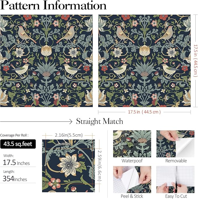 FunStick 17.5"x354" Dark Blue William Morris Wallpaper Vintage Antique Leaves - Image 7