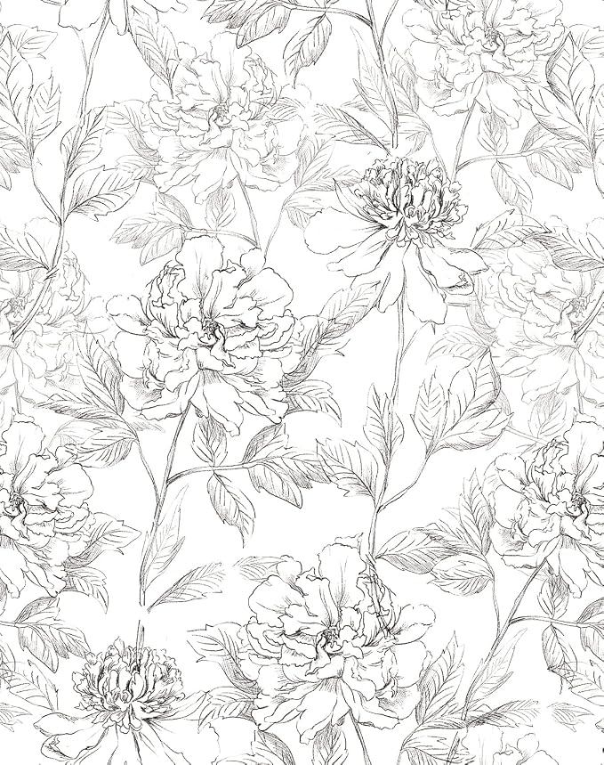 JiffDiff Black and White Floral Wallpaper 17.3" x 394" Peonies Removable Peel by wallpaper
