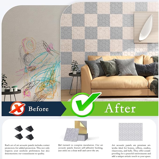 12Pack Acoustic Wall Panels, Honeycomb Self-Adhesive Sound Proof Foam Panels - Image 6