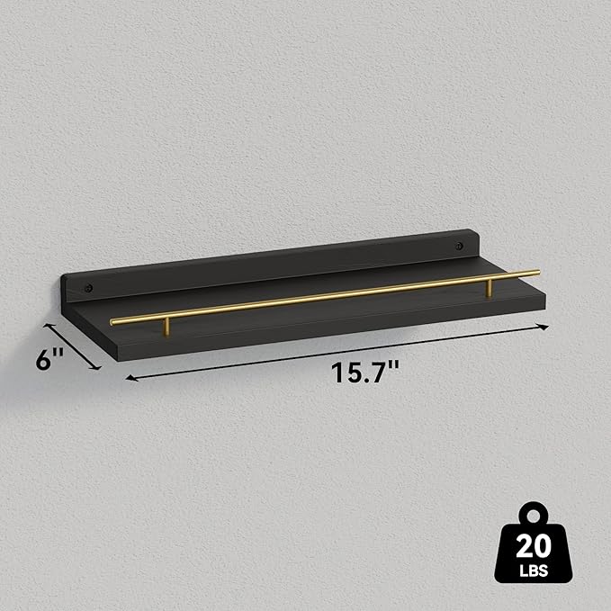 WOPITUES Floating Shelves with Gold Metal Guardrail, Shelves - Image 3