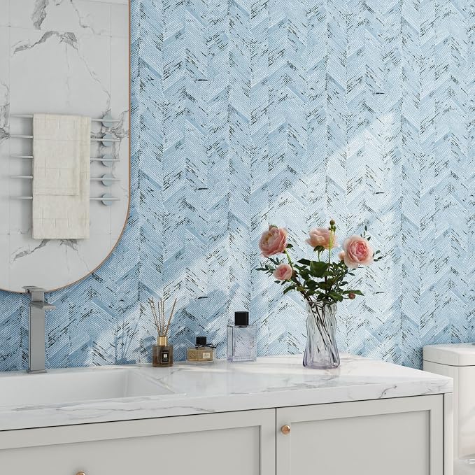 Livelynine Blue Fabric Wallpaper Peel and Stick Prepasted Herringbone Faux - Image 4