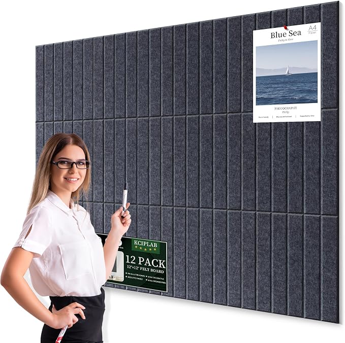 Large Cork Bulletin Board for Wall 48"x36", 12 Pack Felt Slat Wall Panel Tiles by Kciplab