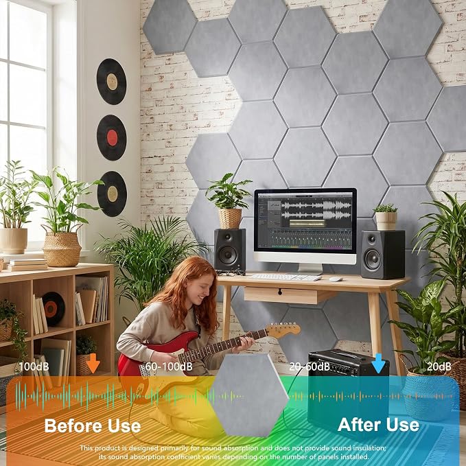 12 Pack Hexagon Acoustic Panels, Self-Adhesive Sound Deadening Panels, Sound - Image 3