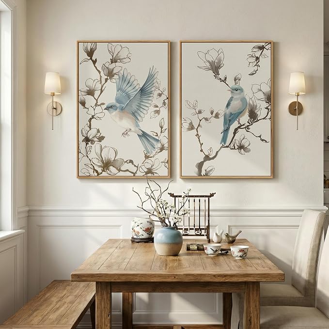 Framed Vintage Botanical Bird Wall Art, 2 Piece Neutral Minimalist Floral - Image 4