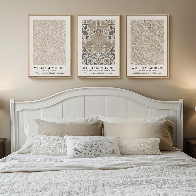 Framed Large William Morris Canvas Wall Art Set of 3, Vintage Neutral Botanical - Image 4