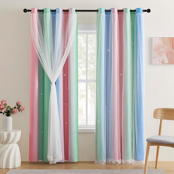 XiDi Pink Curtains for Bedroom Decor Blackout Curtains for Girl Room Rainbow by Addsomecolortolife