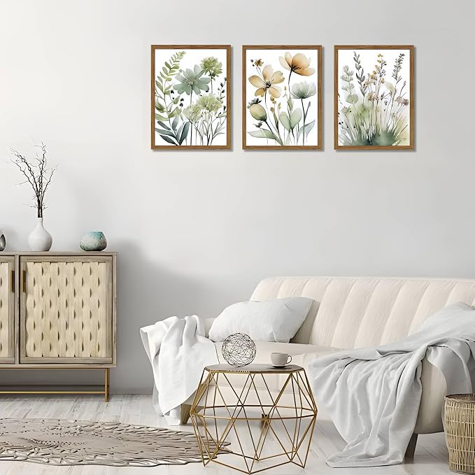 Wood Framed Sage Green Botanical Wall Art Set of 3, Boho Floral Canvas Wall - Image 5