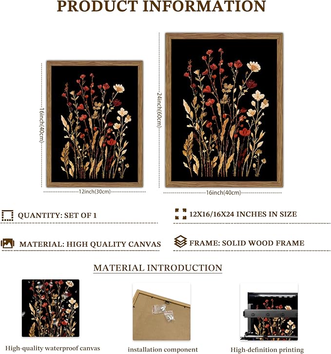Framed Vintage Floral Wall Art, Dark Wildflower Botanical Canvas Wall Decor - Image 4