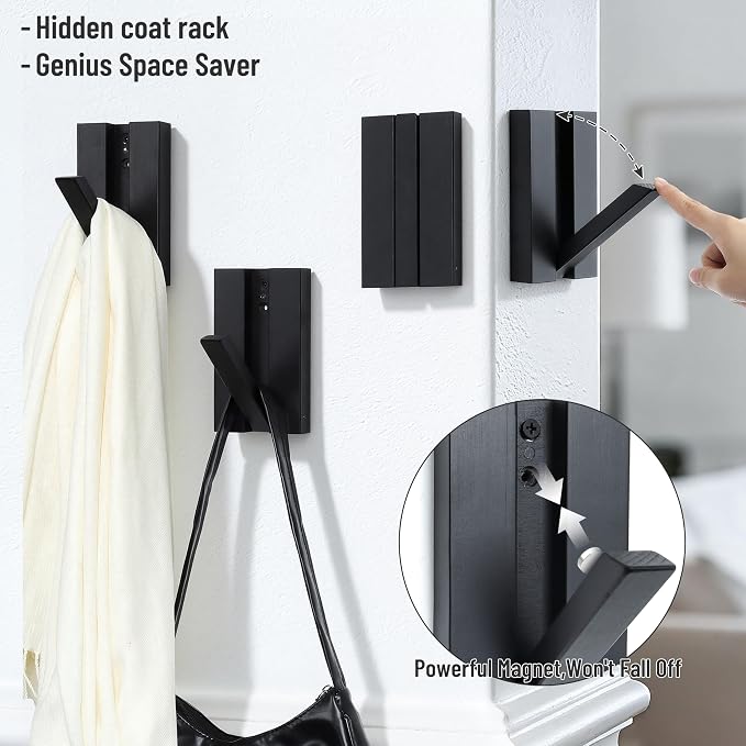 Folding Wall Hooks 2Pack: Black Modern Wooden Coat Hooks Mount - Image 3