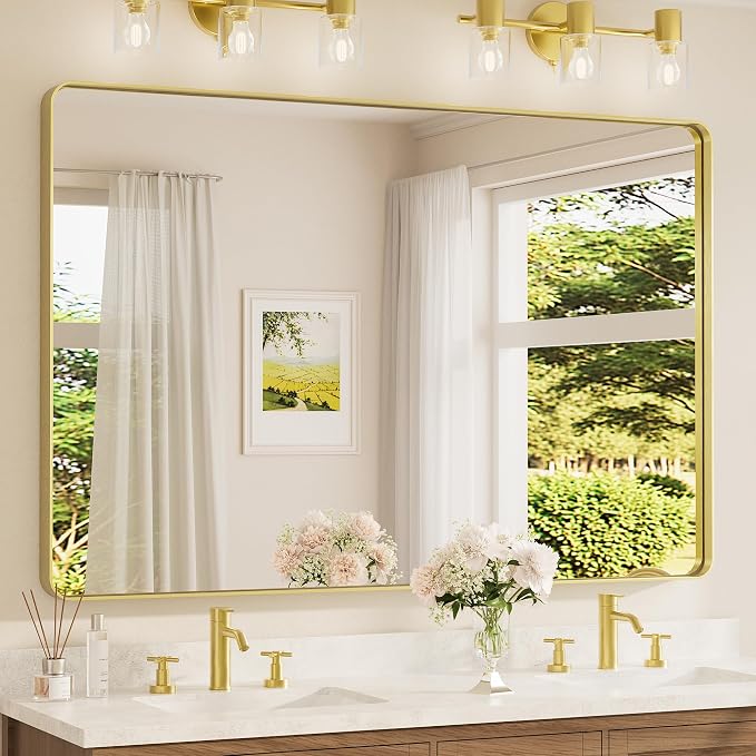 TETOTE 60 x 40 Inch Brushed Gold Frame Mirror, Brass Bathroom Vanity Mirror by TETOTE