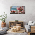 Vintage Pink Flower Wall Art Retro Flowers in Golden Vase Pictures Blue Ocean - Image 5