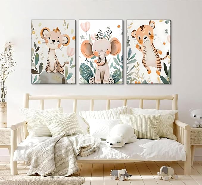 3 Pcs Safari Animals Nursery Canvas Wall Art Jungle Animals Cheetah Elephant - Image 6