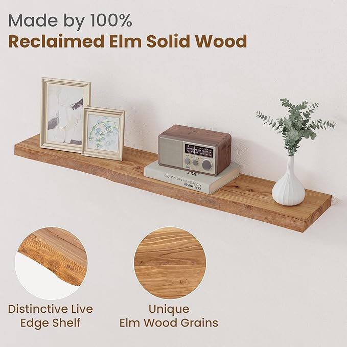 Floating Shelves for Wall Decor, Rustic Solid Elm Wood Live Edge Floating - Image 3