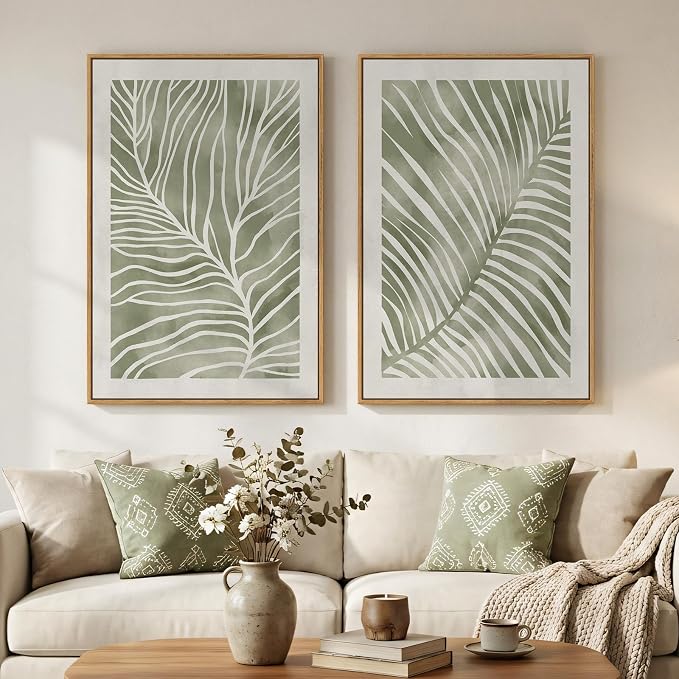 Framed Green Abstract Botanical Wall Art, 2 Piece Tropical Plant Canvas by Cuspin