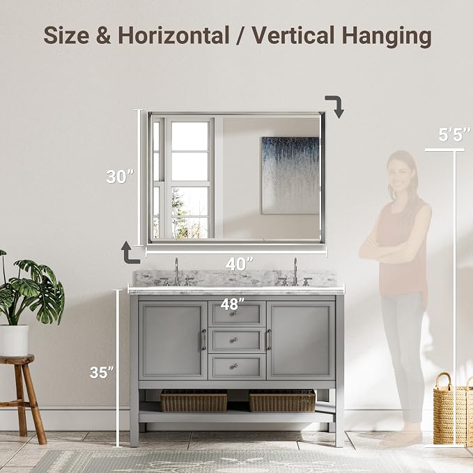 40 x 30 Silver Bathroom Mirror, Large Beveled Silver Bathroom Vanity Mirror - Image 2