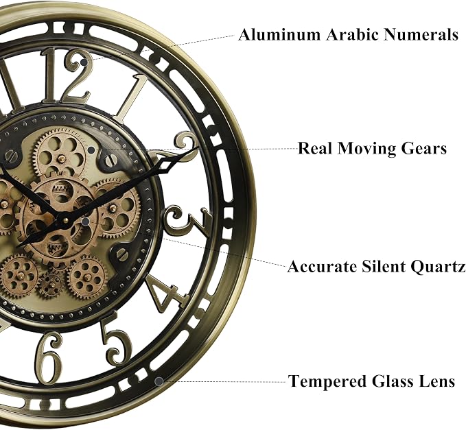 CLXEAST 21 Inch Industrial Moving Gears Wall Clock, Modern Farmhouse Arabic - Image 2