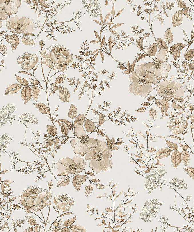 Erfoni 16.9" x197" Beige Floral Peel and Stick Wallpaper Boho Floral Leaf by Erfoni