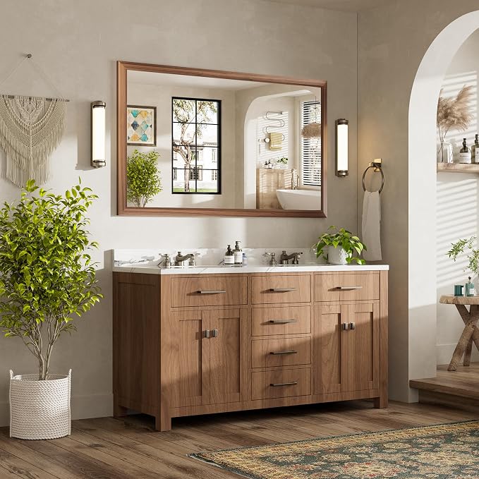 60x36 Inch Bathroom Mirror for Wall, Anti-Rust Walnut Wood Grain Metal Framed - Image 3