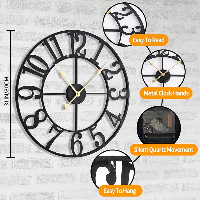 LEIKE 31 Inch Extra Large Wall Clock, Retro Decorative Oversized Silent Little - Image 6