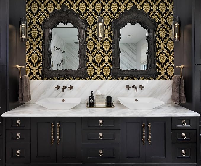 Peel and Stick Wallpaper Black and Yellow Damask Wallpaper - Image 3